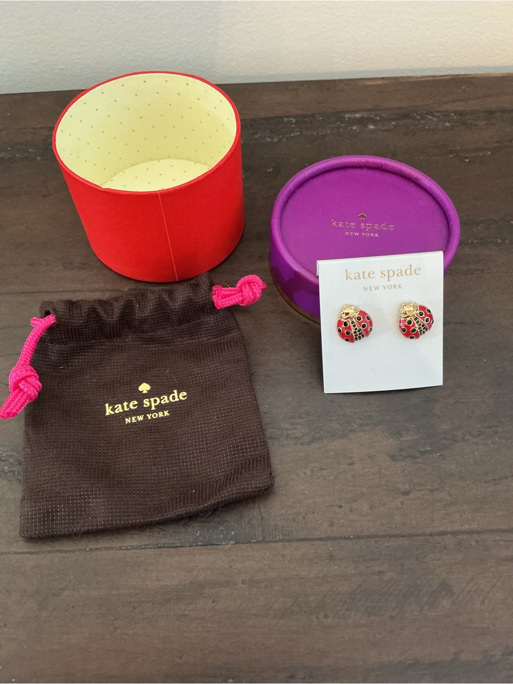 NWT Kate Spade LITTLE LADYBUG 12-K Gold Plated CZ Crystal Stone Stud Earrings
